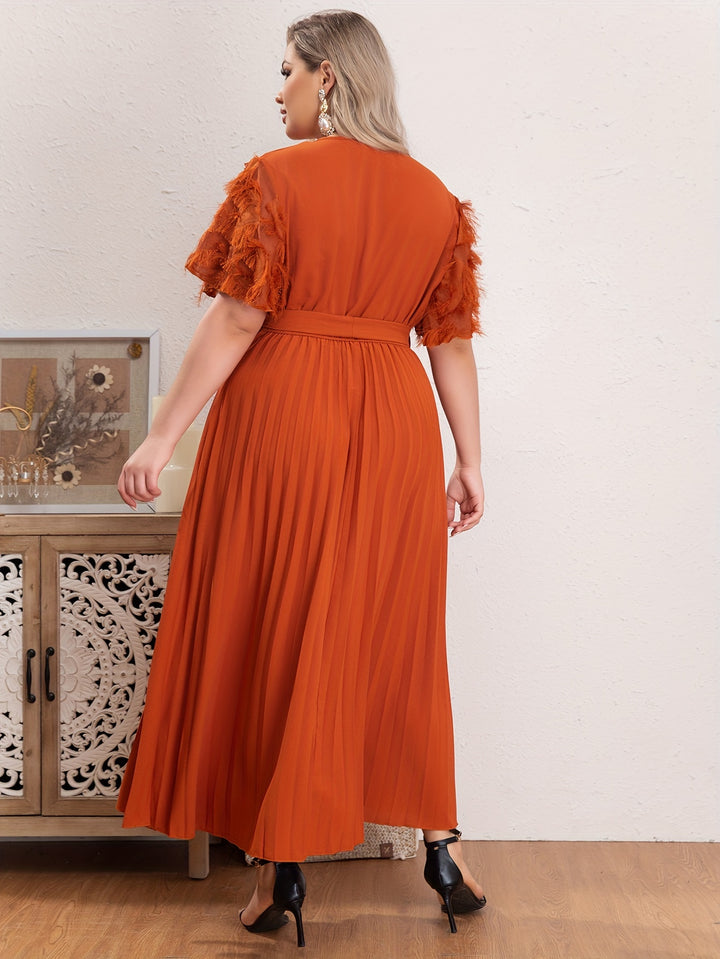 Plus Size Boho Dress, Women's Plus Solid Tassel Decor Butterfly Sleeve Surplice Neck Pleated Maxi Dress With Belt