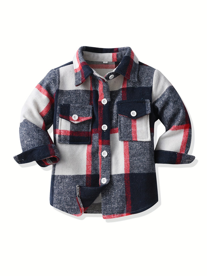 Little Kids Plaid Jacket Stitching Color Long Sleeve Button Down Flannel Preppy Shirt Autumn Coat Outwear For Kid