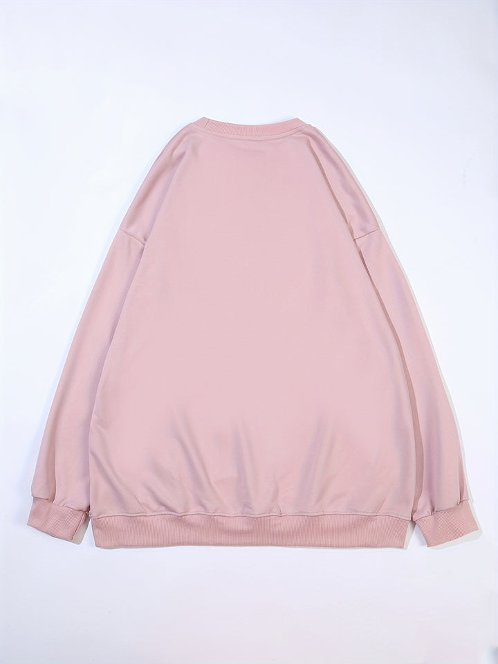 Plus Size Heart & Letter Print Sweatshirt, Casual Long Sleeve Crew Neck Sweatshirt, Women's Plus Size Clothing