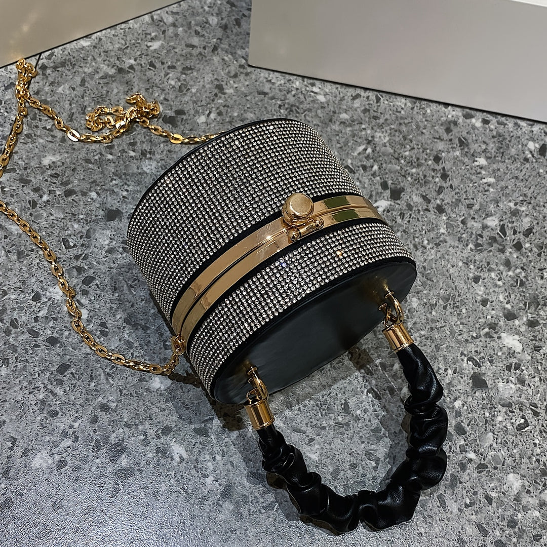 Mini Allover Rhinestone Handbag, Ruched Detail Evening Bucket Bag, Stylish Chain Shoulder Purse For Party (3.9*4.7*4.7) Inch
