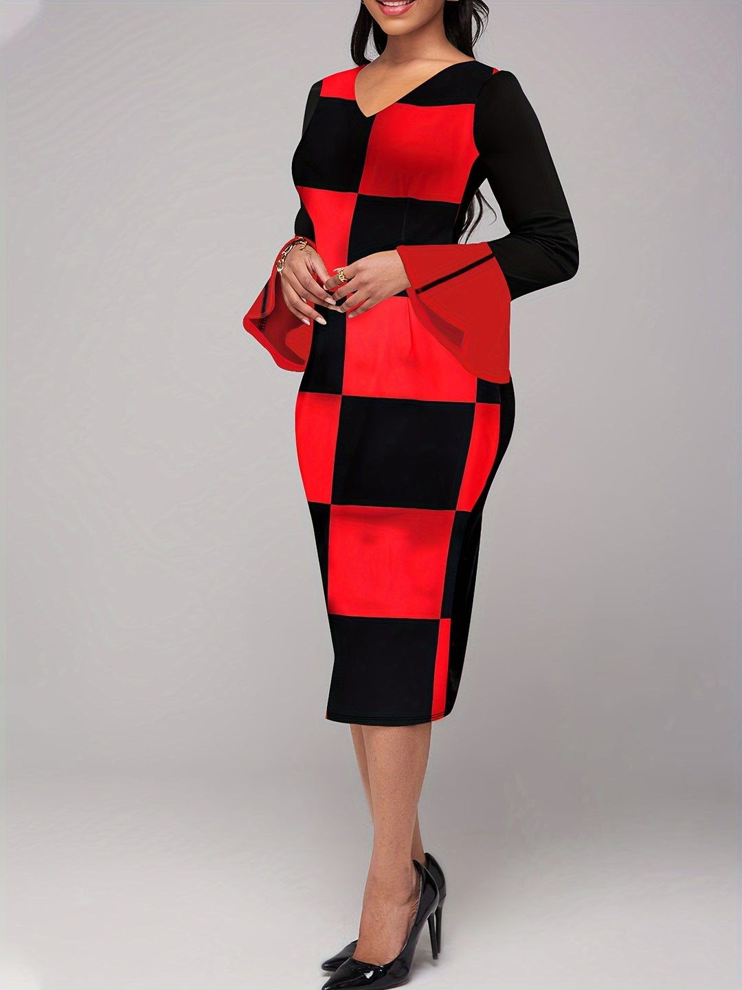 Elegant Plaid Print Bodycon Dress with V-neck and Long Sleeves, Women's Clothing