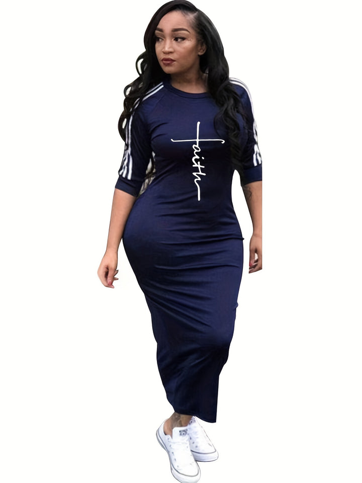 Plus Size Casual Dress, Women's Plus Letter & Stripe Print Half Sleeve Round Neck High Stretch Maxi Dress