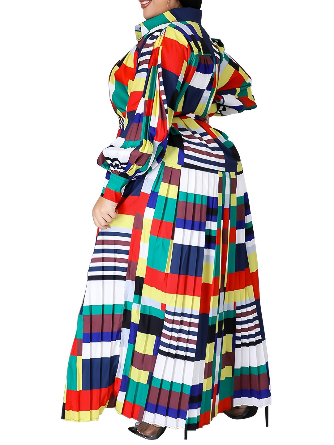 Stylish Plus Size Maxi Dress with Colorblock Design and Lantern Sleeves for Women