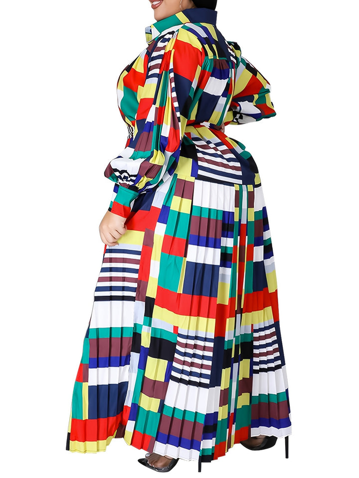 Stylish Plus Size Maxi Dress with Colorblock Design and Lantern Sleeves for Women