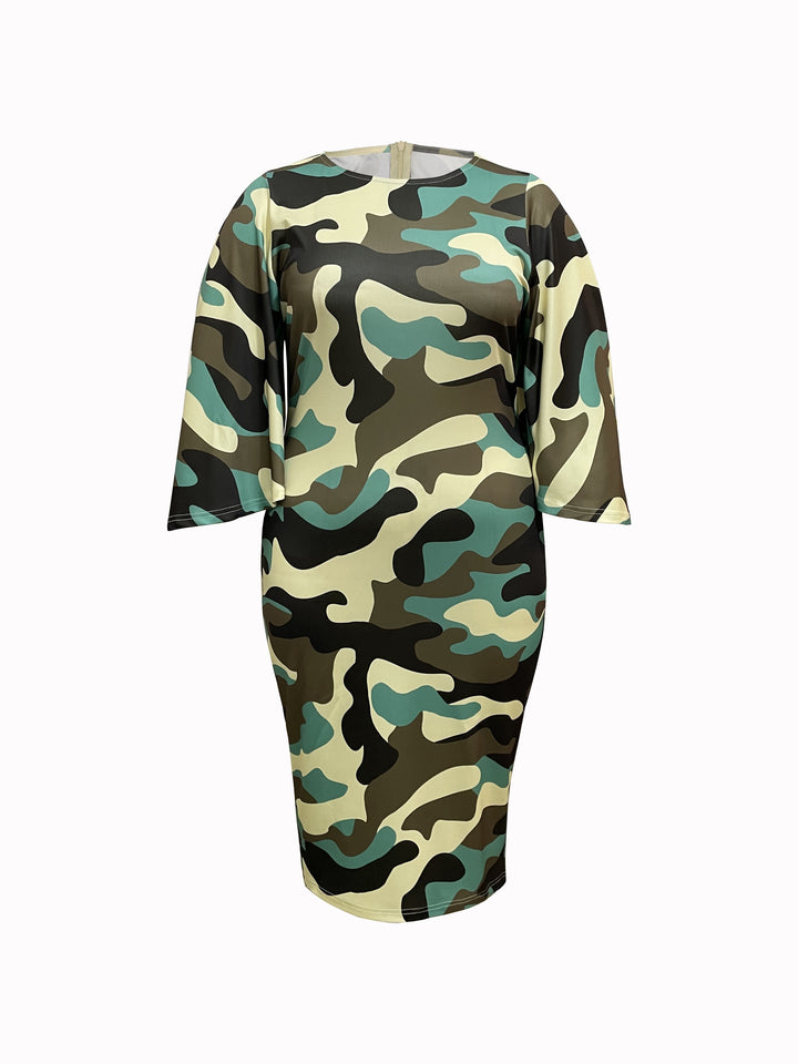 Plus Size Casual Dress, Women's Plus Camo Butterfly Sleeve Round Neck Bodycon Midi Dress