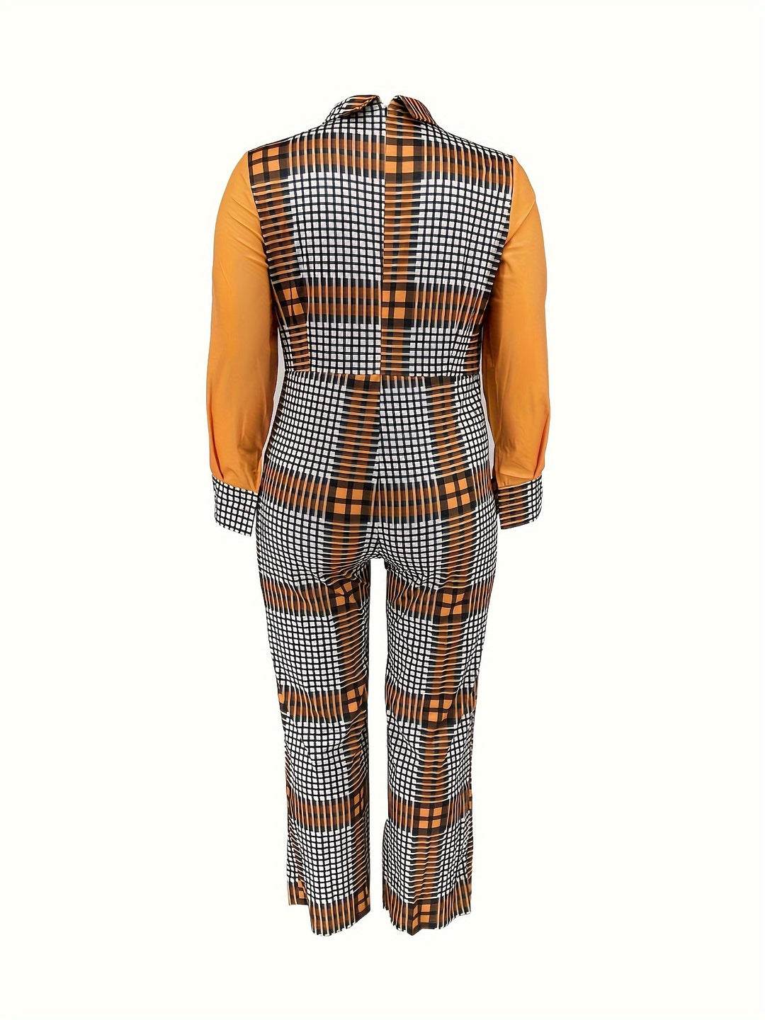 Plus Size Casual Jumpsuit, Women's Plus Colorblock Geometric Print Long Sleeve Turn Down Collar Jumpsuit