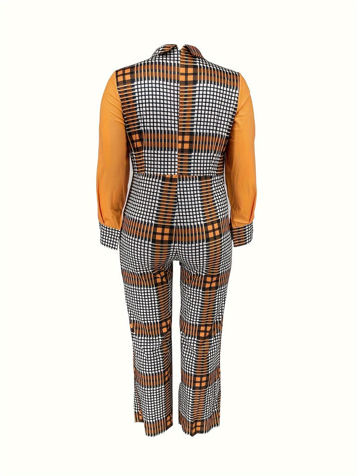 Plus Size Casual Jumpsuit, Women's Plus Colorblock Geometric Print Long Sleeve Turn Down Collar Jumpsuit
