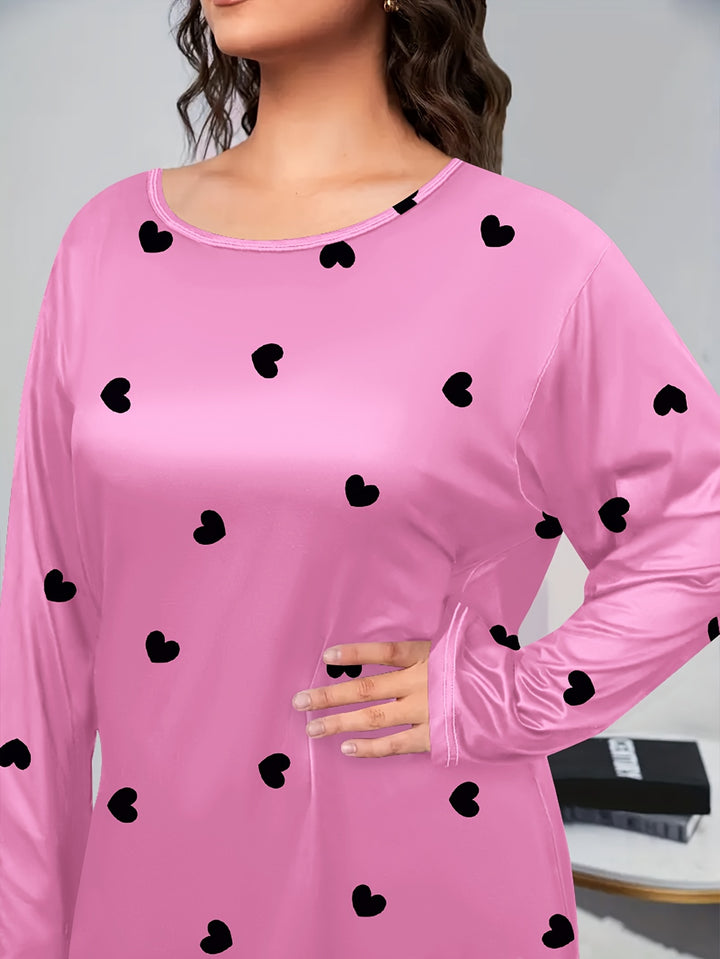 Plus Size Valentine's Day Elegant Nightdress, Women's Plus Heart Print Long Sleeve Round Neck Sleep Dress