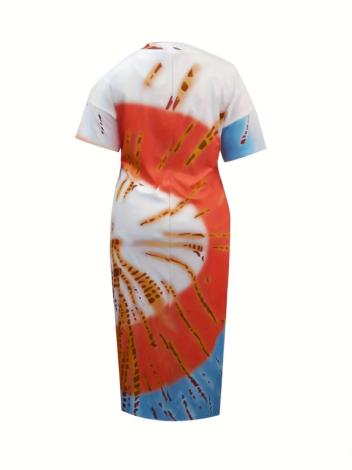 Plus Size Casual Dress, Women's Plus Tie Dye Short Sleeve V Neck Slight Stretch Maxi Dress With Pockets