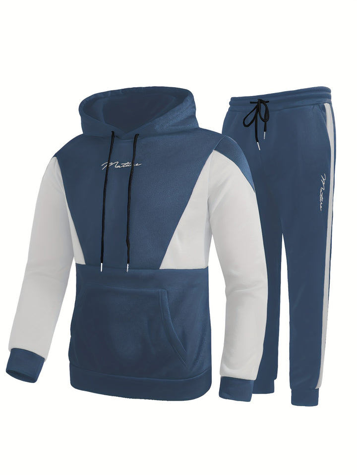 Men's Color Block Pullover Hooded Sweatshirt Casual Outfit Set, 2 Pieces Long Sleeve Hoodies And Drawstring Sweatpants