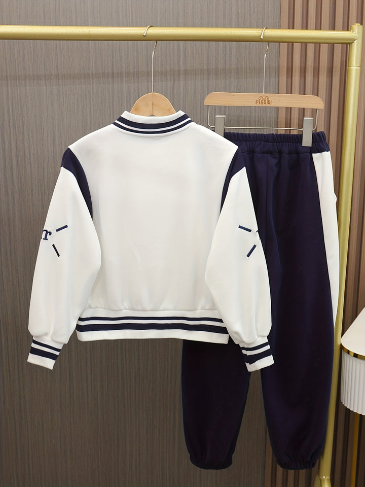 2pcs Girl's Varsity Jacket Outfit, Bomber Jacket & Sweatpants Set, Color Clash Coat, Kid's Clothes For Spring Fall Outdoor