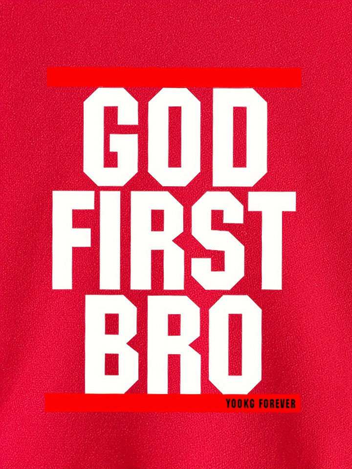 2pcs "God First Bro" Print Fleece Outfit For Boys, Warm Hoodie & Pants Set, Trendy Hooded Long Sleeve Top, Kid's Clothes For Fall Winter, As Gift