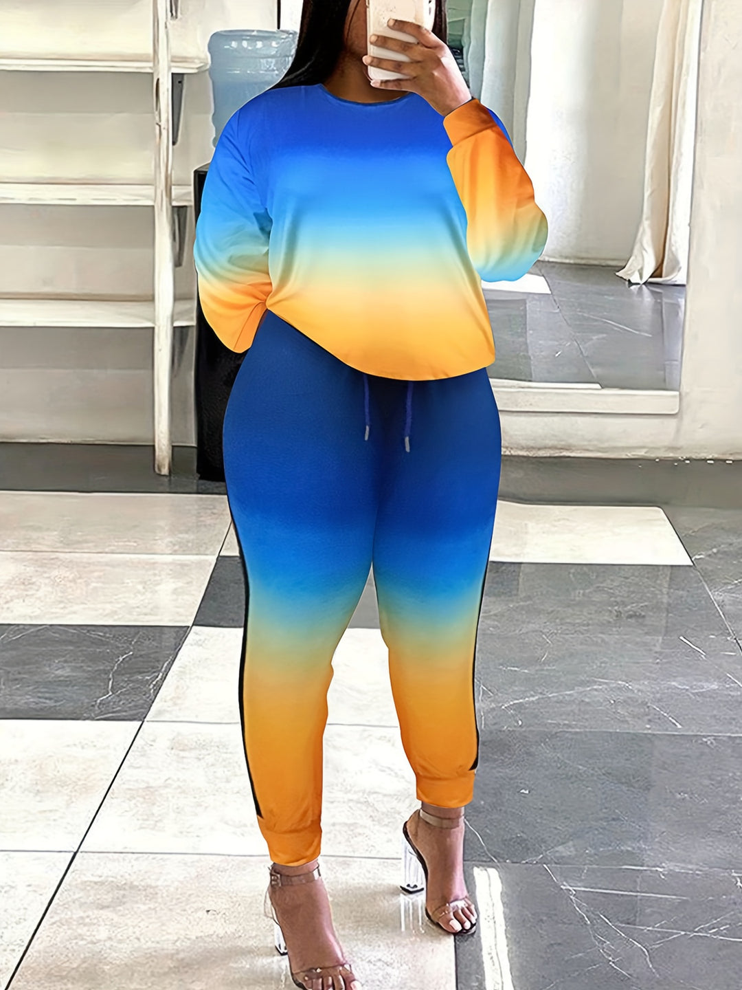 Plus Size Casual Outfits Set, Women's Plus Ombre Print Long Sleeve Round Neck Top & Joggers Outfits 2 Piece Set