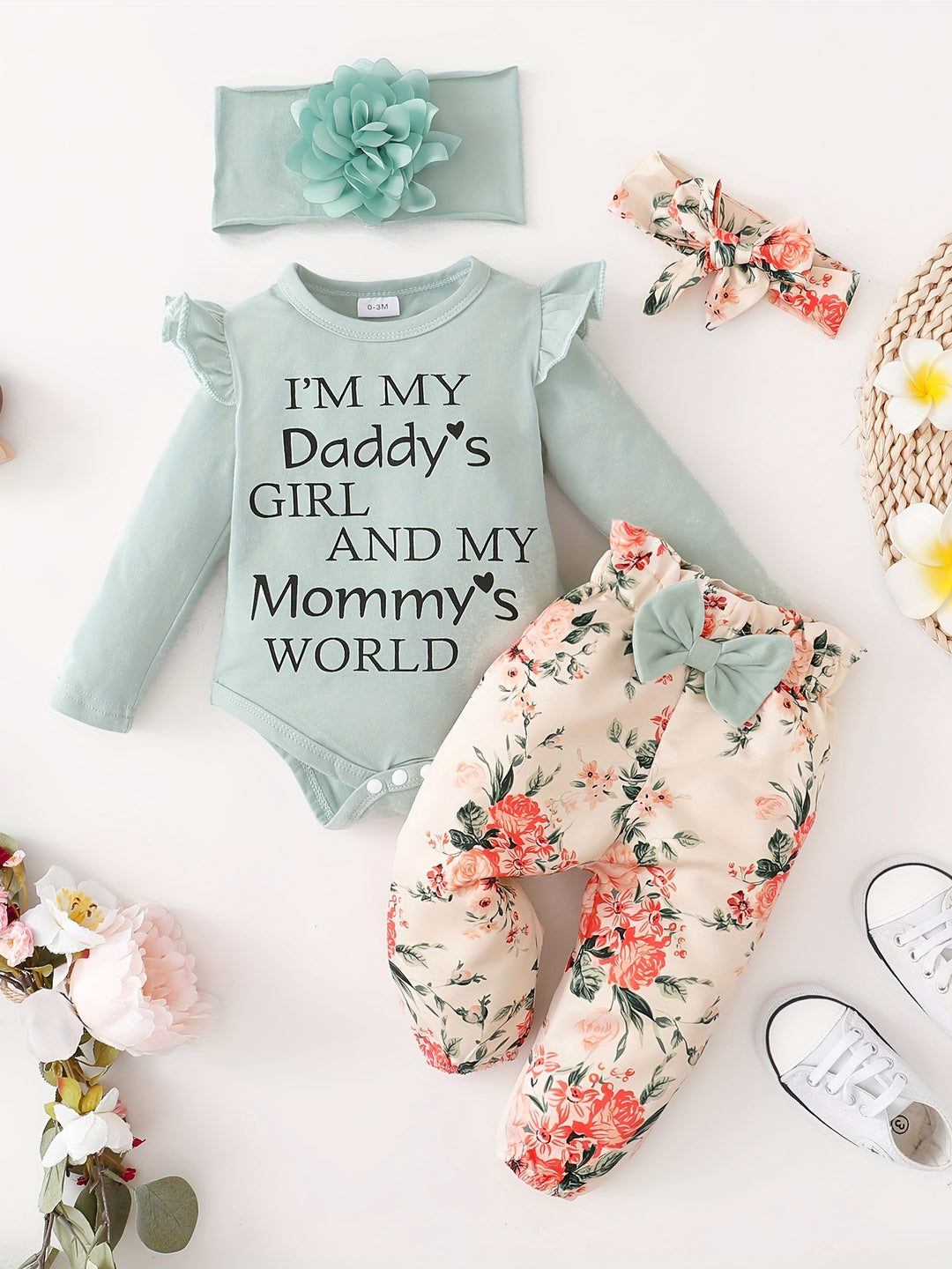 Lovely & Casual Baby Girls Outfit - Letter Print Long Sleeve Infant Onesie Romper + Pants + Headbands Gift 4psc Set