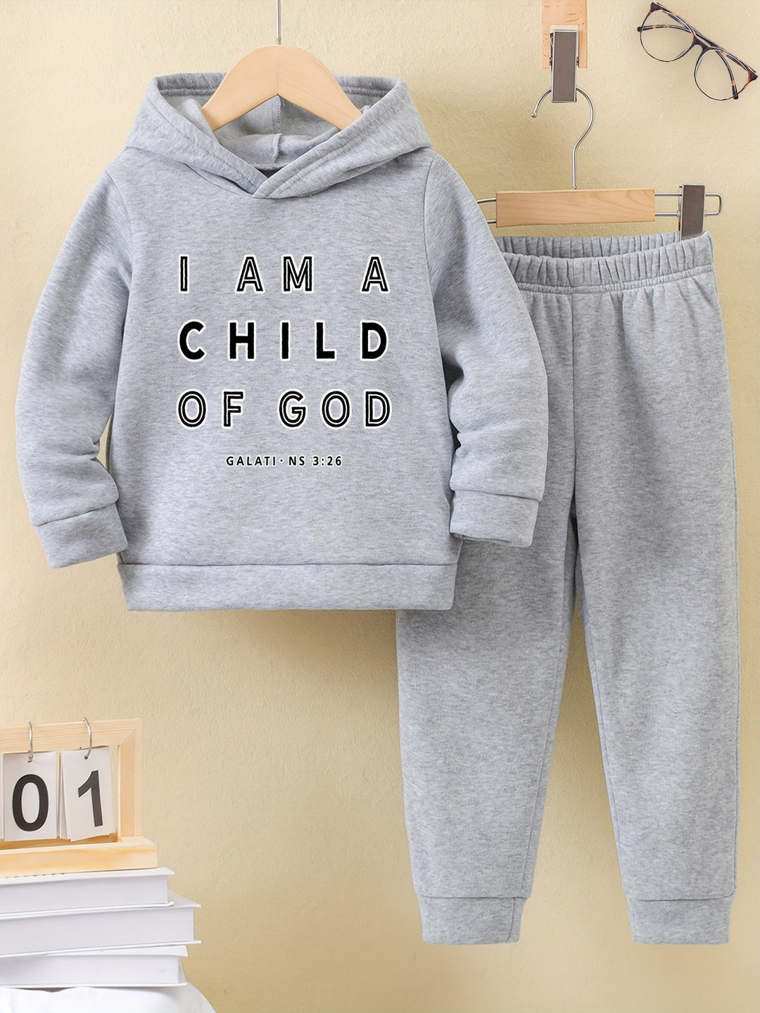 2pcs Boy's "I Am A Child Of God" Print Hooded Outfit, Fleece Lining Hoodie & Jogger Pants Set, Kid's Clothes For Fall Winter, As Gift