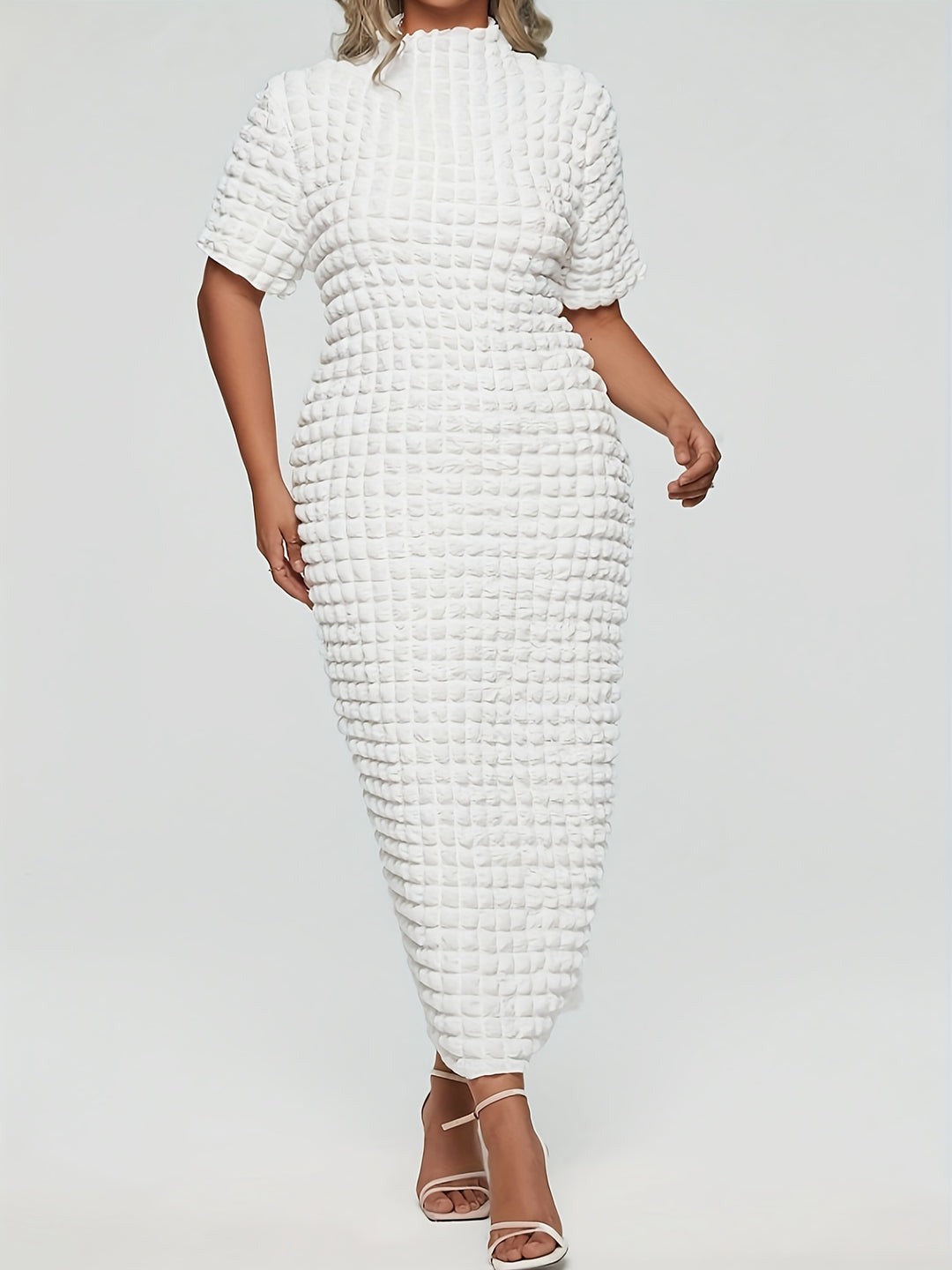 Elegant Plus Size Midi Dress with Popcorn Texture and Mock Neck