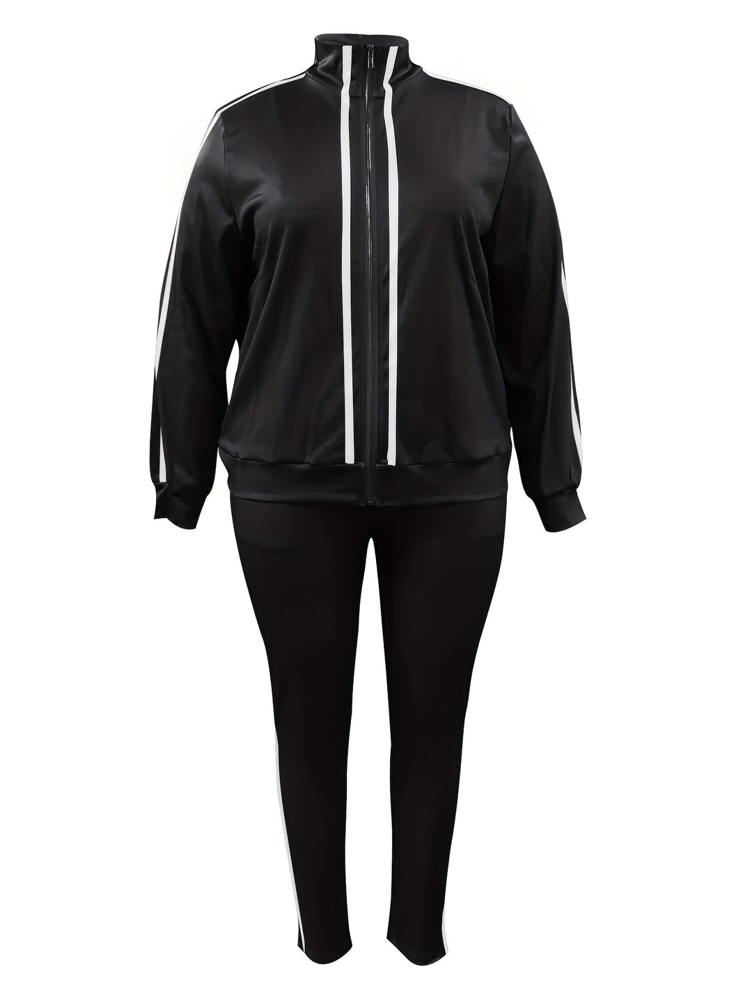 Plus Size Casual Outfits Two Piece Set, Women's Plus Stripe Print Zip Up Long Sleeve High Neck Jacket & Pants Outfits 2 Piece Set