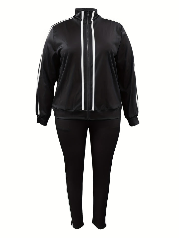Plus Size Casual Outfits Two Piece Set, Women's Plus Stripe Print Zip Up Long Sleeve High Neck Jacket & Pants Outfits 2 Piece Set