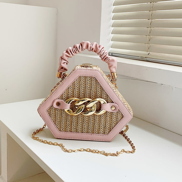 Trendy Chain Shoulder Bag, Fashion Top Handle Straw Box Bag, Women's Vacation Style Purse