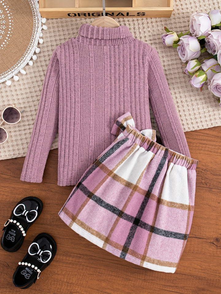 Elegant Outfits 2pcs Girls, Solid Turtleneck Pullover + Plaid Skirt Autumn Clothes Gift