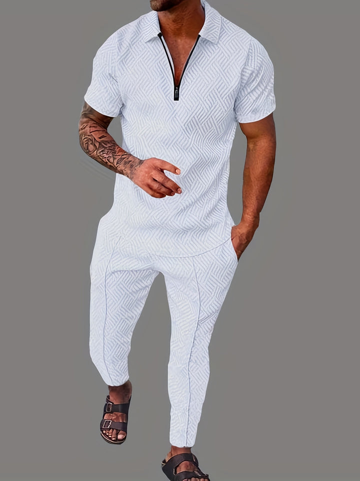 Men's 2Pcs Outfits Top & Pants Set, Casual Short Sleeve Shirt And Tapered Pants Set, Men's Clothing