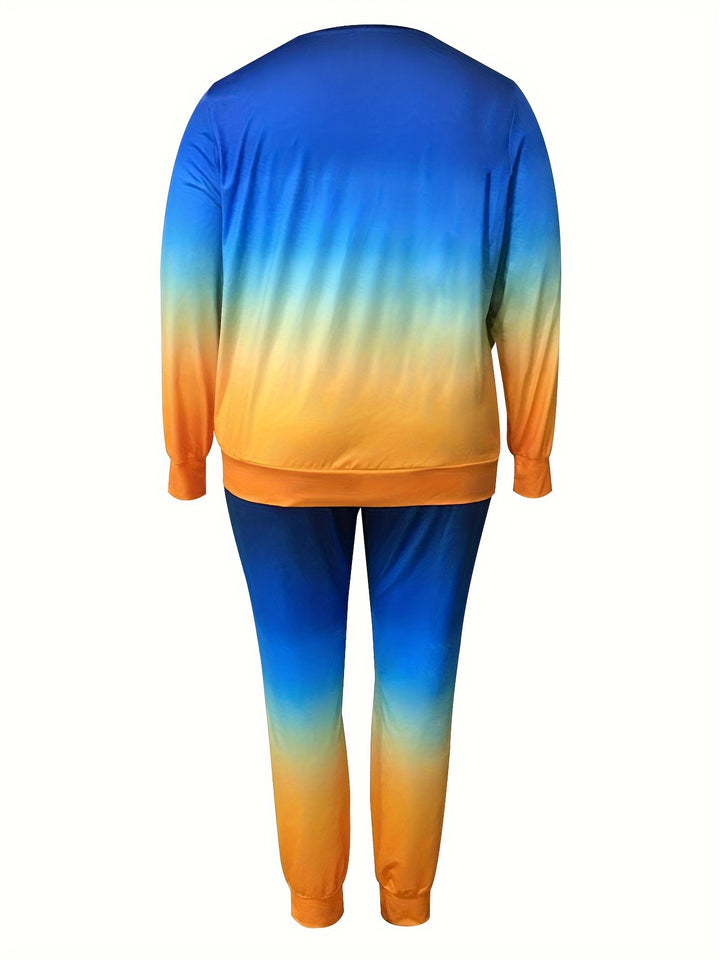 Plus Size Casual Outfits Set, Women's Plus Ombre Print Long Sleeve Round Neck Top & Joggers Outfits 2 Piece Set