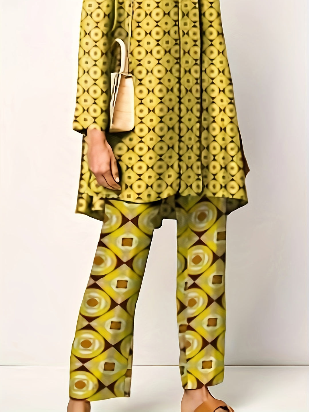 Plus Size Elegant Outfits Set, Women's Plus Allover Print Long Sleeve Lapel Collar Button Up Tunic Shirt Top & Pants Outfits Two Piece Set