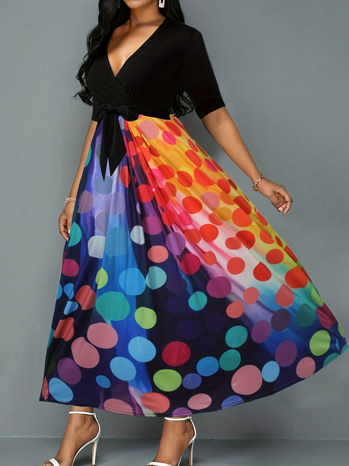 Plus Size Casual Dress, Women's Plus Colorblock Ombre Dot Print Short Sleeve V Neck Maxi A-line Dress