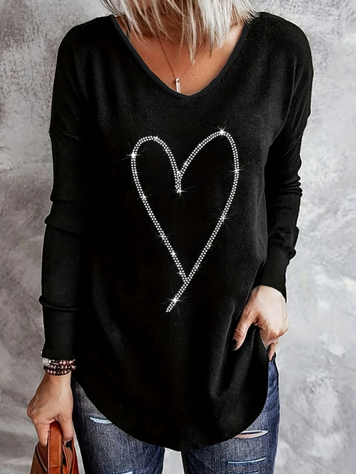 Rhinestone Heart Pattern V Neck T-Shirt, Casual Long Sleeve T-Shirt For Spring & Fall, Women's Clothing
