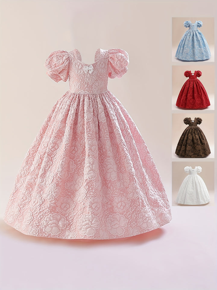 Girls Puff Sleeve Embroidered Princess Dress With Bowknot For Party Wedding Kids Special Occasion Clothing