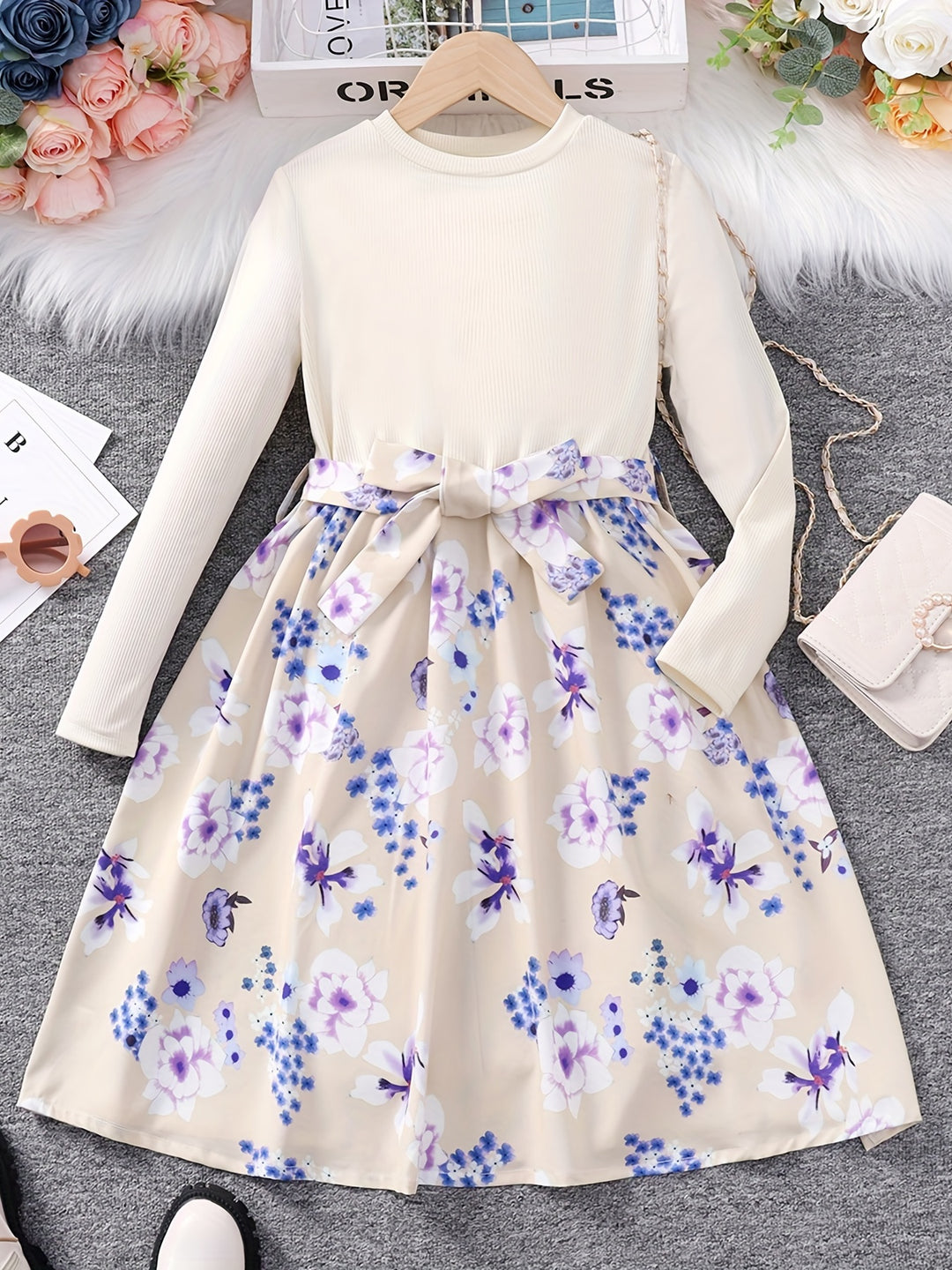 Girls Long Sleeves Round Neck Flowers Splicing Belted Dress For Party Kids Spring Clothes