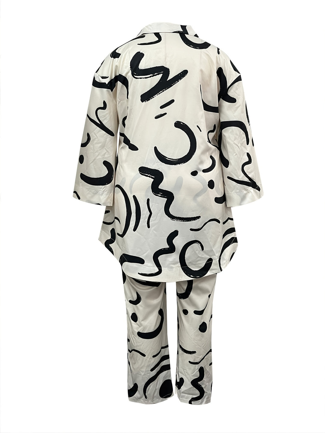 Plus Size Casual Outfits Set, Women's Plus Graffiti Print Long Sleeve V Neck Top & Straight Leg Pants Outfits Two Piece Set