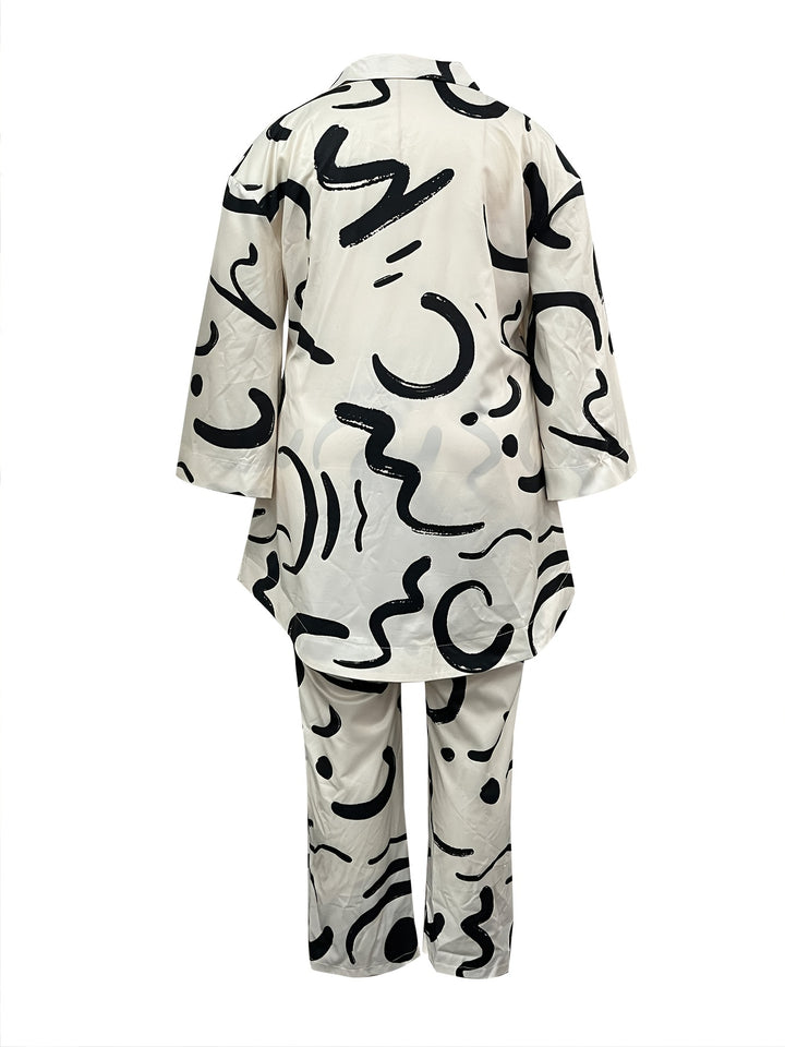 Plus Size Casual Outfits Set, Women's Plus Graffiti Print Long Sleeve V Neck Top & Straight Leg Pants Outfits Two Piece Set