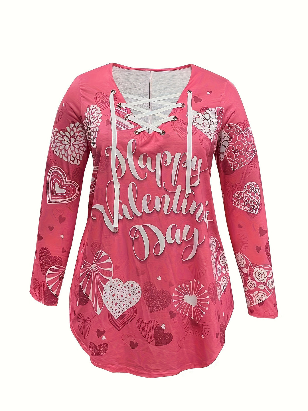 Plus Size Heart & Letter Print Top, Valentine's Day Lace Up V Neck Long Sleeve Top, Women's Plus Size Clothing