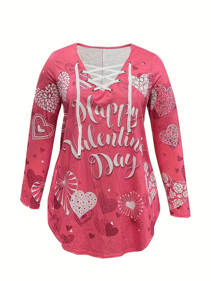 Plus Size Heart & Letter Print Top, Valentine's Day Lace Up V Neck Long Sleeve Top, Women's Plus Size Clothing