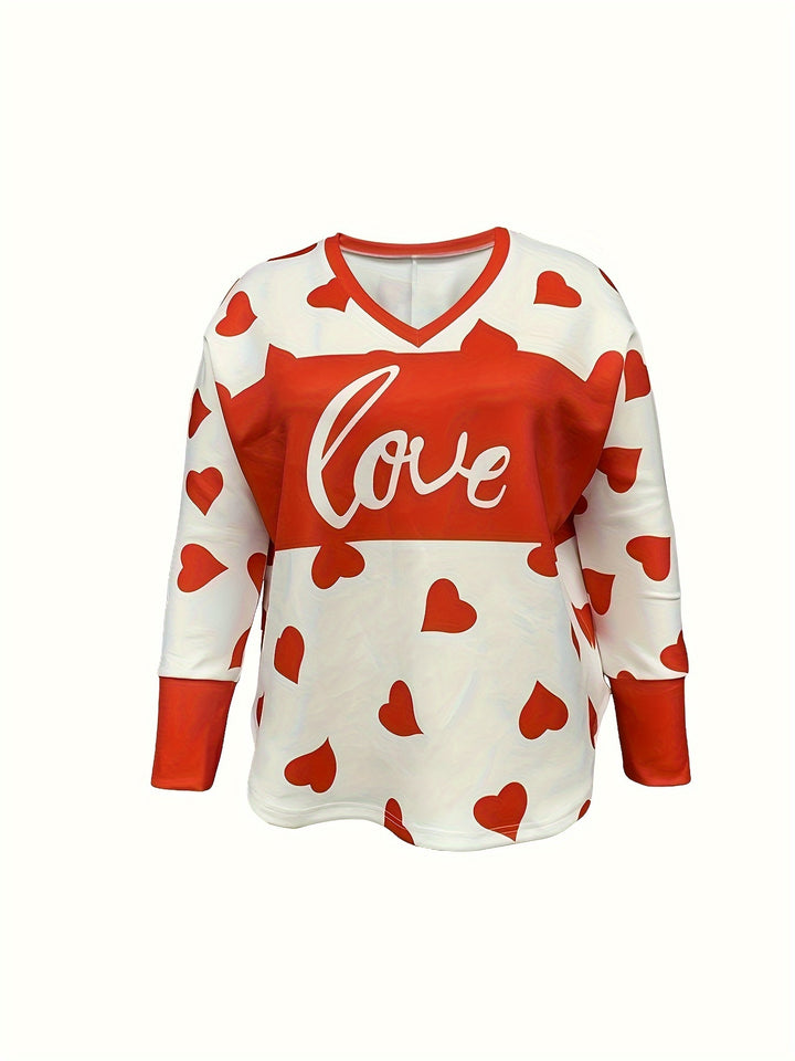 Plus Size Heart Print T-Shirt, Valentine's Day V Neck Long Sleeve T-Shirt, Women's Plus Size Clothing
