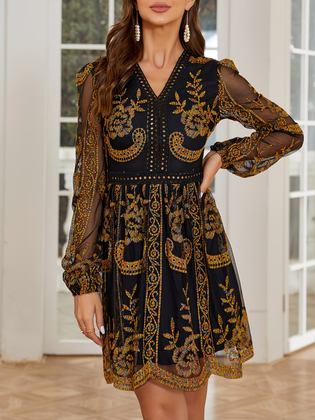 Plus Size Elegant Dress, Women's Plus Floral Print Contrast Lace Trim Mesh Lantern Sleeve V Neck Nipped Waist Dress