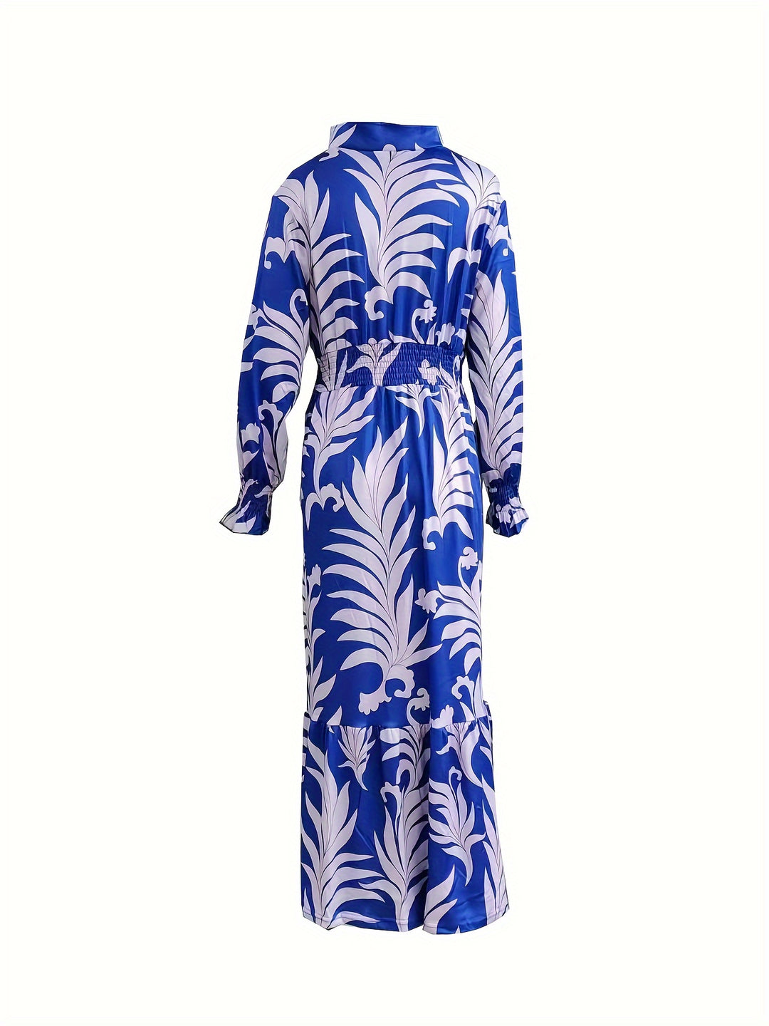 Plus Size Plant Print Dress, Elegant V Neck Shirred Waist Long Sleeve Dress, Women's Plus Size Clothing