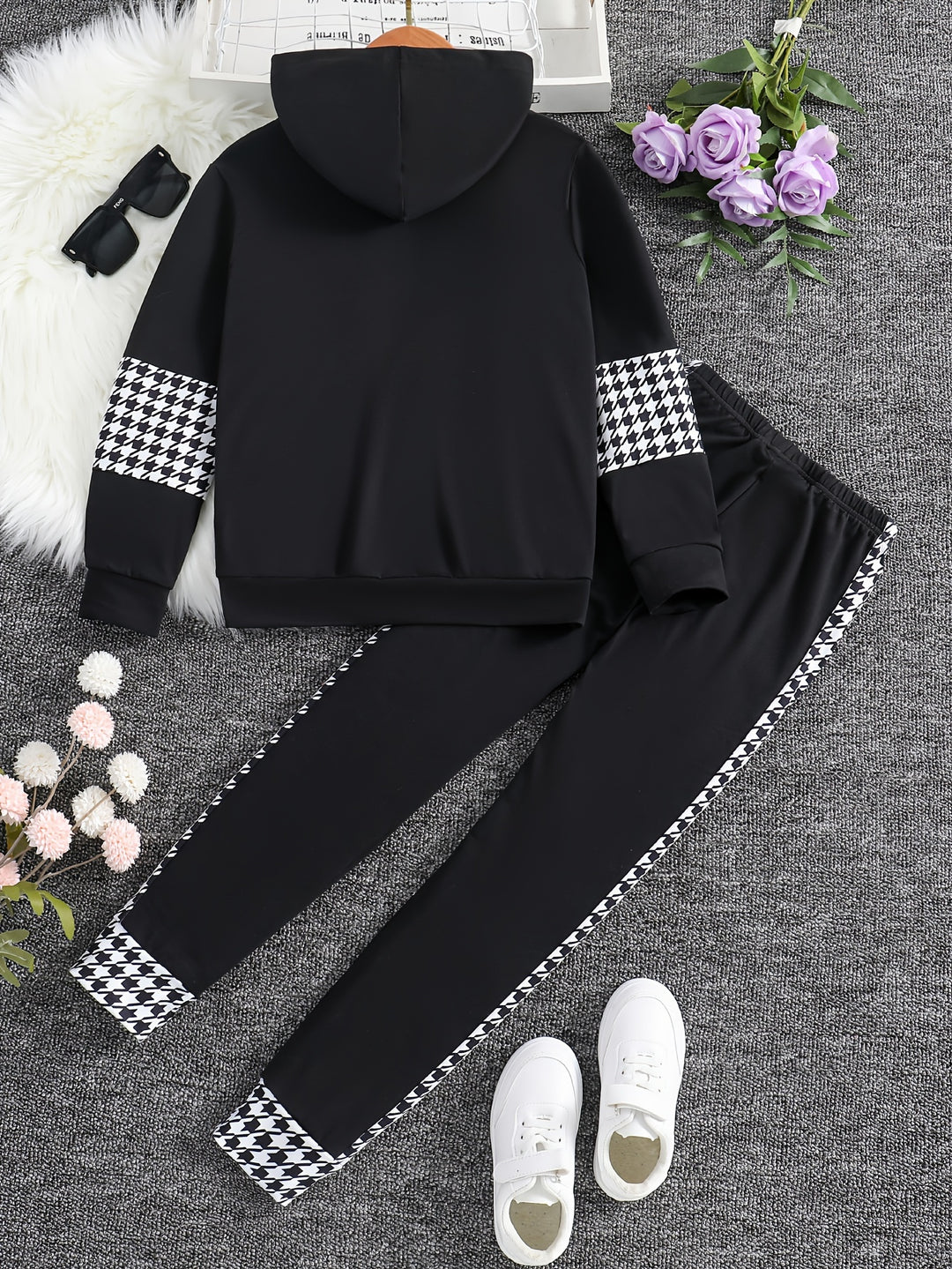 Splicing Houndstooth Pattern Sets 2pcs Girls Hoodies + Jogger Pants Set Spring Fall Gift Sports