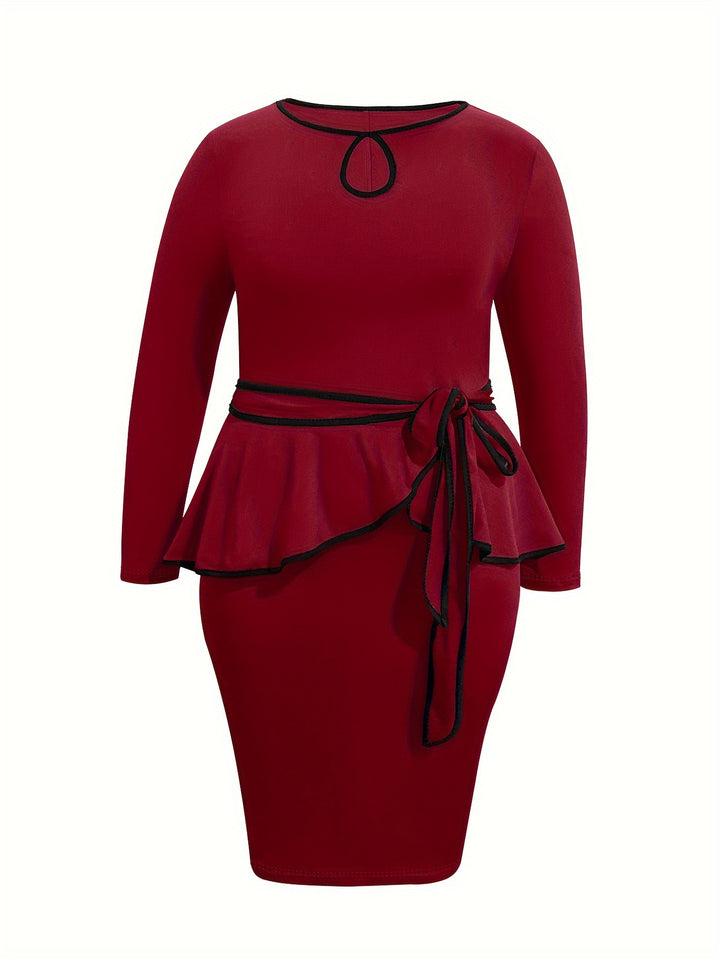 Plus Size Elegant Dress, Women's Plus Colorblock Contrast Trim Long Sleeve Round Neck Keyhole Slim Fit Layered Dress With Belt