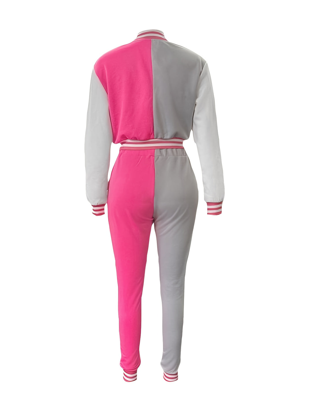 Plus Size Casual Outfits Set, Women's Plus Colorblock Button Up Long Sleeve Mock Neck Crop Coat & Jogger Pants Outfits Two Piece Set
