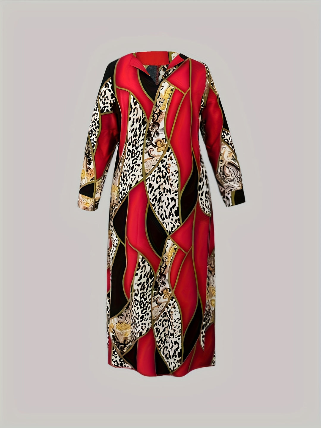 Plus Size Retro Dress, Women's Plus Leopard & Paisley Print Long Sleeve V Neck Maxi Dress