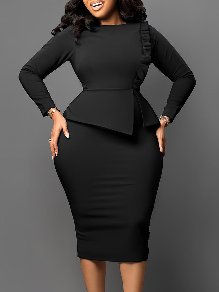 Plus Size Elegant Dress, Women's Plus Solid Lettuce Trim Long Sleeve Round Neck Slim Fit Dress