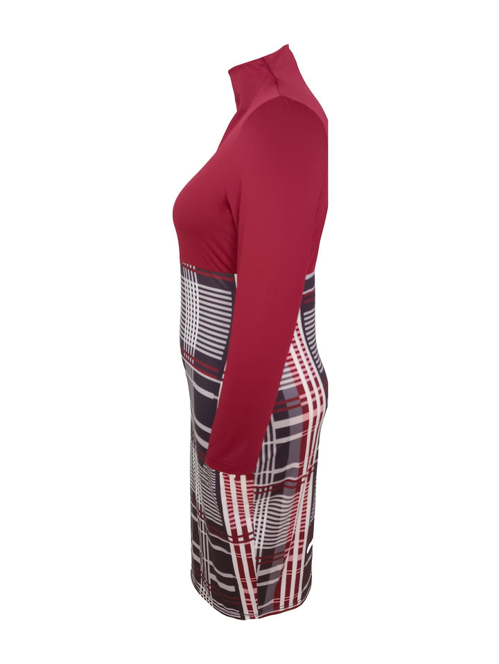 Plus Size Elegant Dress, Women's Plus Colorblock Plaid Print Long Sleeve Mock Neck Bodycon Midi Dress