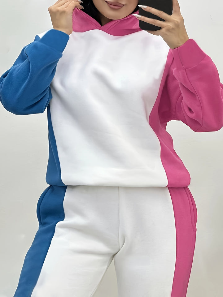 Women's Casual Outfits Set, Plus Size Colorblock Raglan Sleeve Hoodie & Joggers Outfits 2 Piece Set