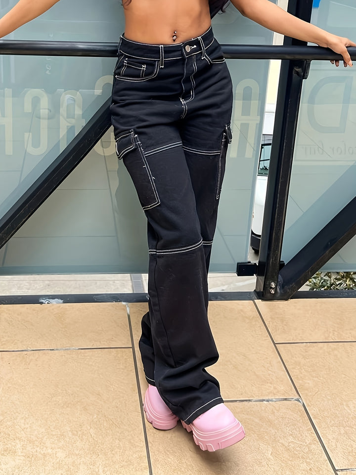 Flap Pockets Y2K & Kpop Style Cargo Pants, Loose Fit Street Non-Stretch Straight Jeans, Women's Denim Jeans & Clothing