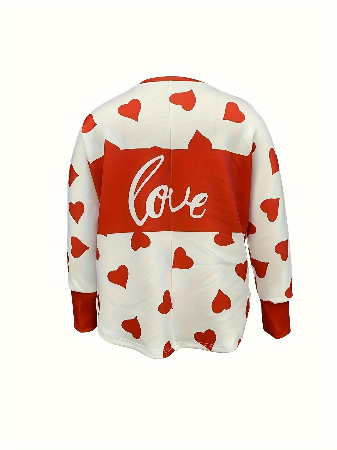 Plus Size Heart Print T-Shirt, Valentine's Day V Neck Long Sleeve T-Shirt, Women's Plus Size Clothing