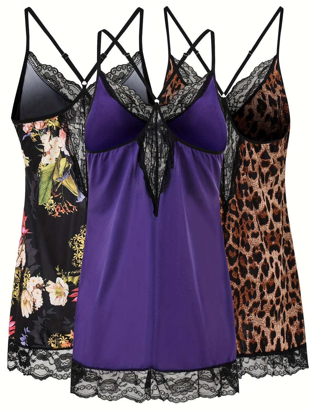 3 Pack Plus Size Valentine's Day Sexy Nightdress Set, Women's Plus Leopard & Floral Print Contrast Lace Halter Sleep Dress 3pcs Set