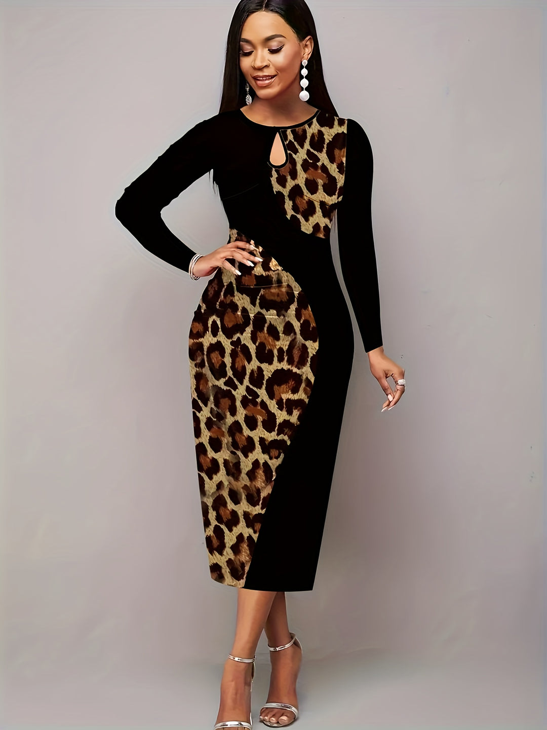 Stylish Plus Size Leopard Print Dress with Cut Out Details and Medium Stretch Fabric