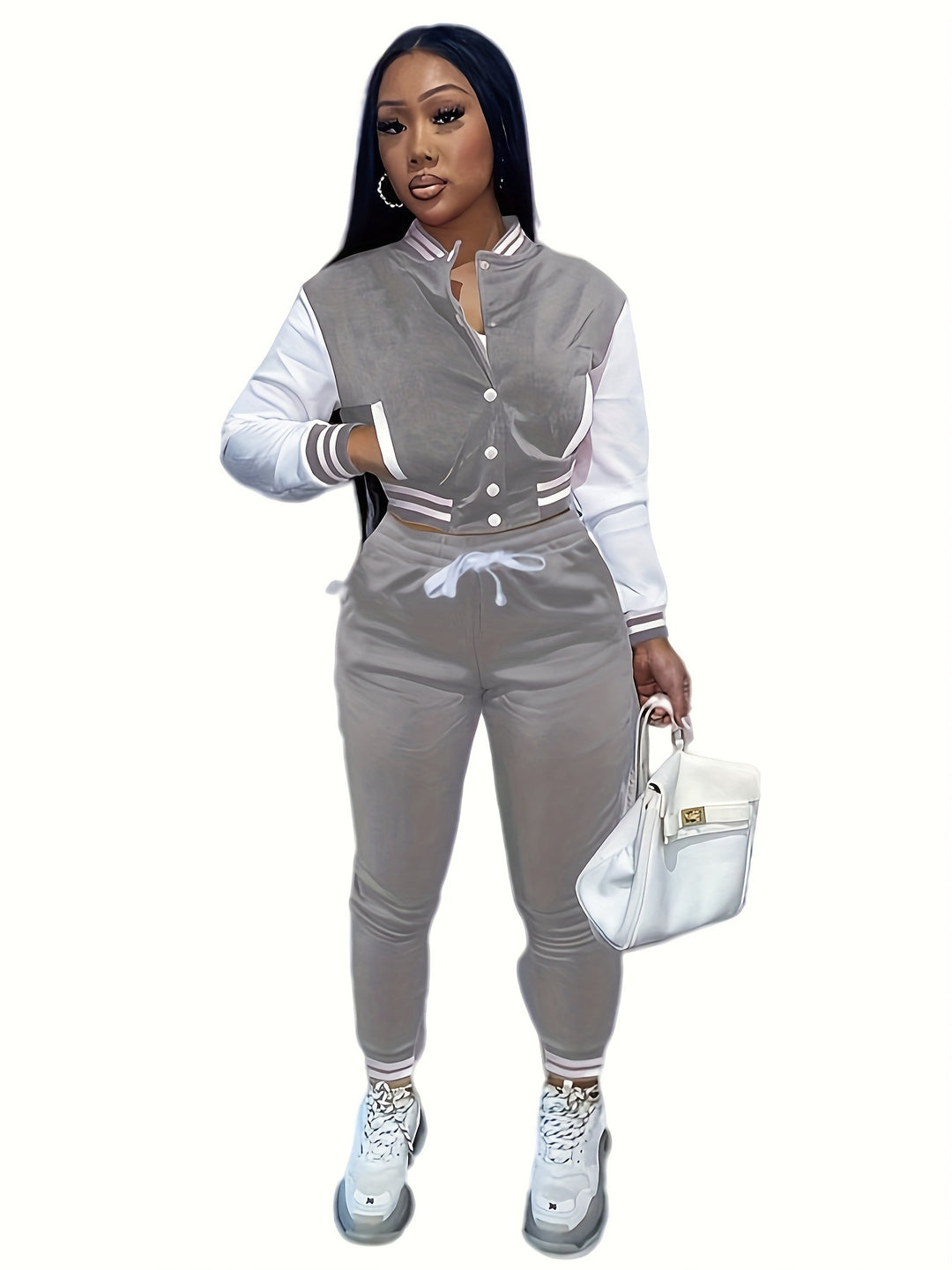 Casual Two-piece Set, Button Front Bomber Jacket & Drawstring Pants Outfits, Women's Clothing